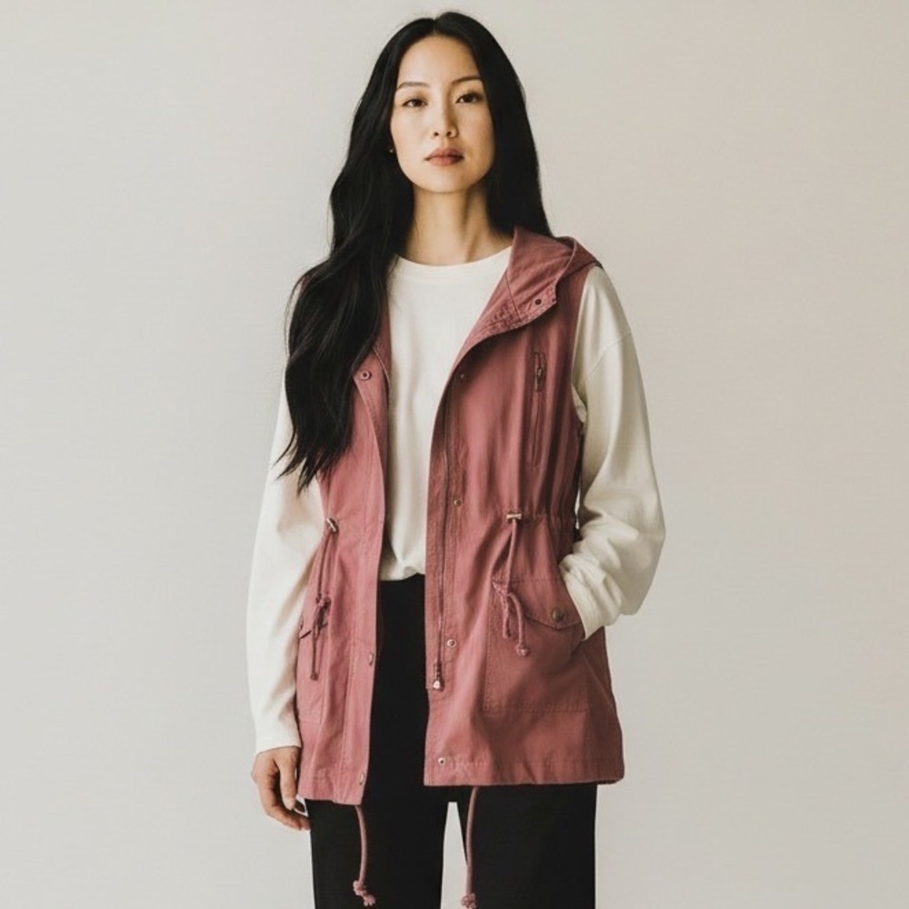 Zenana Outfitters Pink Hooded Utility Vest 1X Cotton Drawstring Waist QJ-2448X